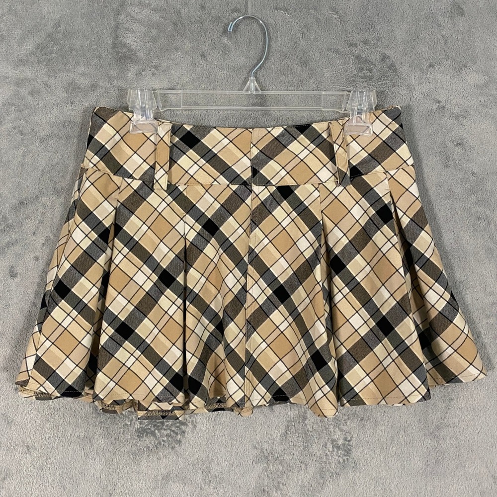 Forever 21 Skirt Sz M Tan Plaid Pleated Mini Side Zip Preppy Academic Flare 90s